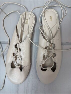 Zara Cream Lace-Up Leather Mules with Cutout Accents